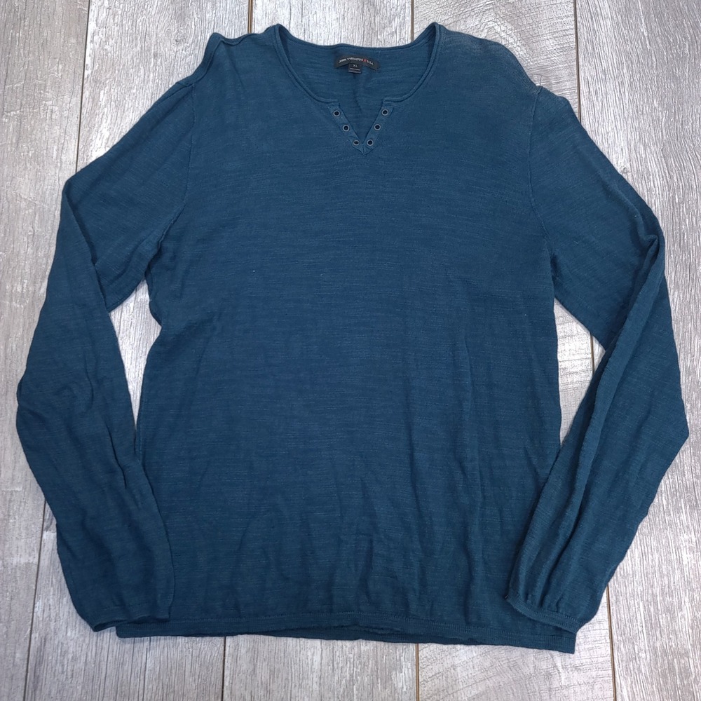 John Varvatos Sweater Mens XL Teal Blue Cotton Linen Grommet Split Neck Knit